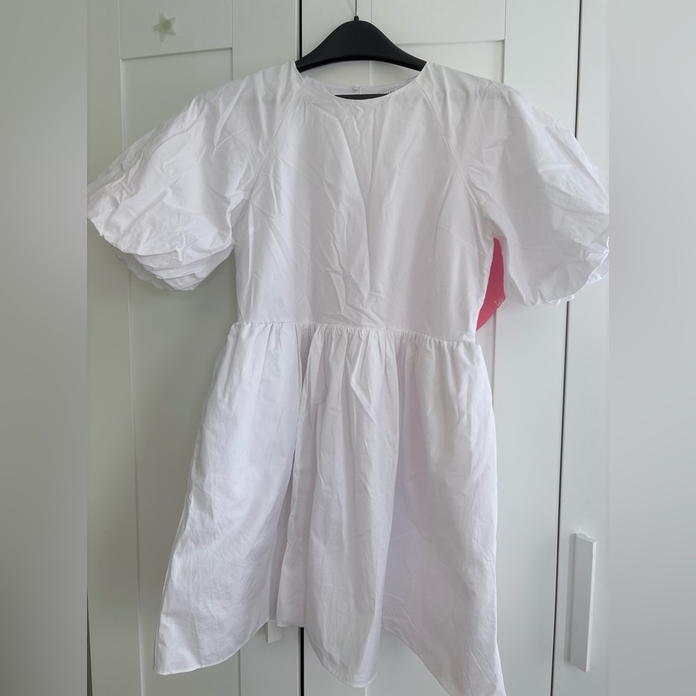 English Factory White Mini Dress with Puff Shoulders and Key Hole Back, XS